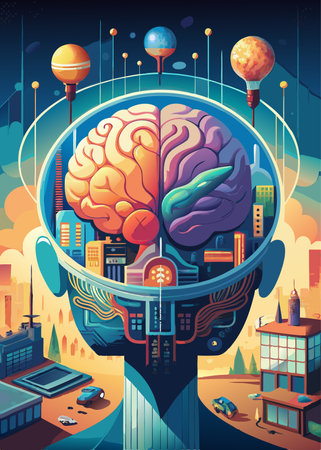 Human head with brain and cityscape in the background, vector illustrationのイラスト素材
