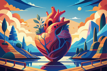 Vector cartoon illustration of a heart on a background of a city landscape.のイラスト素材