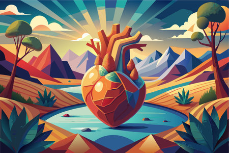 Human heart in the mountains. Vector illustration of a cartoon style.のイラスト素材