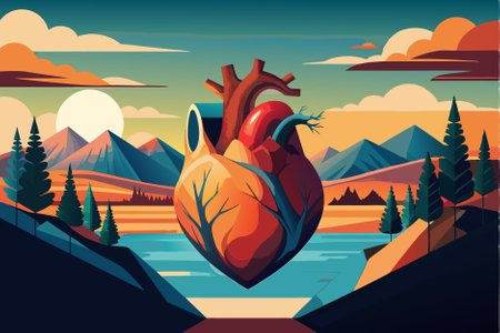 Human heart in the mountains. Vector illustration in flat cartoon style.のイラスト素材
