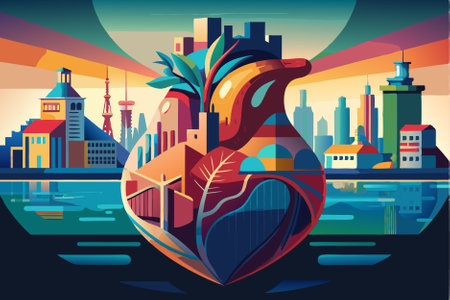 Vector illustration of a modern city with a bird in the shape of a heartのイラスト素材