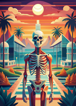 Human skeleton on the background of the city at sunset. Vector illustrationのイラスト素材