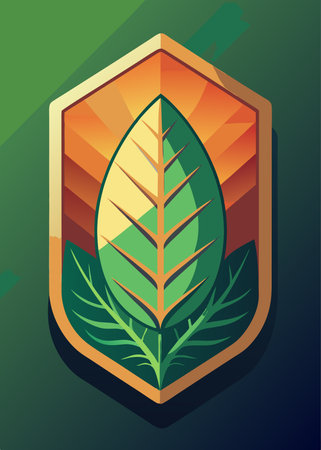Illustration of a green leaf inside a shield with an orange backgroundのイラスト素材