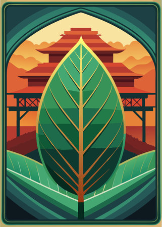 Vector illustration of a Japanese temple with a green leaf in the foregroundのイラスト素材