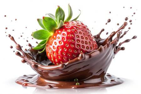 strawberry in chocolate splash isolated on white background, close upの素材