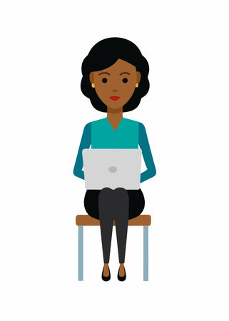 avatar businesswoman sitting on a chair with a laptop over white background. colorful design. vector illustrationのイラスト素材