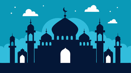 Mosque in the city at night. Vector illustration in flat styleのイラスト素材