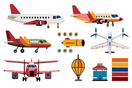 Airplanes and airplanes icons set. Vector illustration in flat style.のイラスト素材