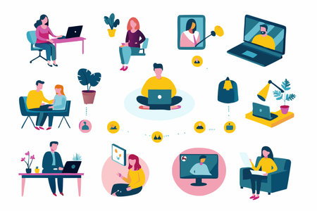 People working at home. Freelance, remote work, video conference. Vector illustration in flat styleのイラスト素材