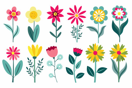 Set of cute flowers and leaves. Vector illustration in flat style.のイラスト素材