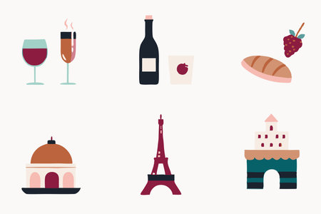 Set of Paris icons in flat style. Eiffel tower, champagne, cake, wine, bread, baguette and other elements.のイラスト素材