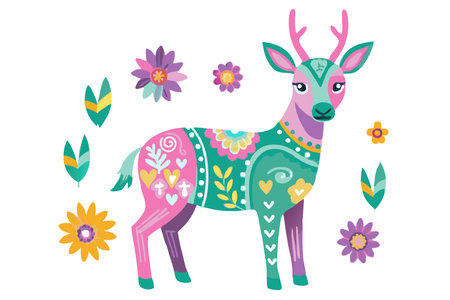 Cute cartoon deer with floral ornament and flowers. Vector illustration.のイラスト素材