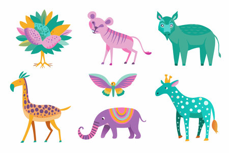 Collection of cute giraffes and zebras. Vector illustrationのイラスト素材