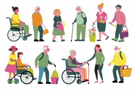 Elderly people in a wheelchair. Vector illustration in flat styleのイラスト素材