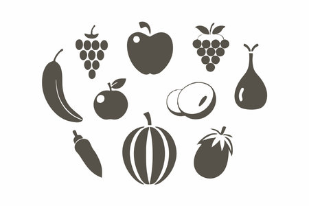 Fruits and vegetables icons set. Black and white vector illustration.のイラスト素材