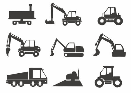 Set of construction equipment icons. Vector illustration in black and white colors.のイラスト素材