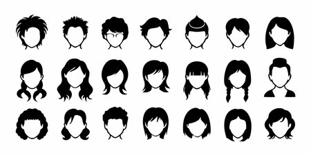 Avatar woman face silhouette icon set isolated on white background. Female hairstyle vector illustration.のイラスト素材