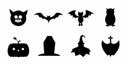 Halloween icons set. Black silhouettes of bats, pumpkin, gravestone, skull, bat, cross. Vector illustrationのイラスト素材