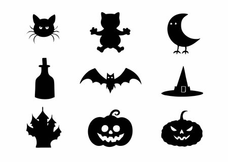 Halloween icons set. Black silhouettes of pumpkins, witch hat, cat, skull, bat, ghost. Vector illustrationのイラスト素材