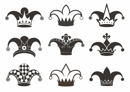 Set of black and white jester hats icons. Vector illustration.のイラスト素材