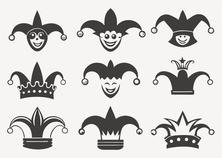 Set of black and white jester hats icons. Vector illustration.のイラスト素材