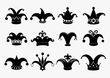Set of black and white jester hats icons. Vector illustration.のイラスト素材