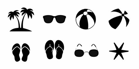 Beach icons set. Silhouette illustration of beach vector icons for web designのイラスト素材