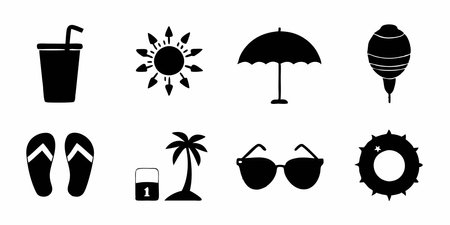 beach icons set over white background, silhouette style, vector illustrationのイラスト素材