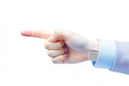 Close up of businessman's hand pointing at something. Isolated on white background