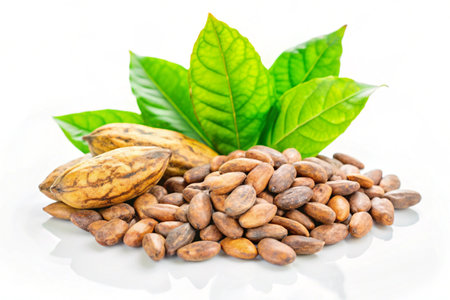 Cocoa beans with green leaves on white background, Cocoa fruit.の写真素材