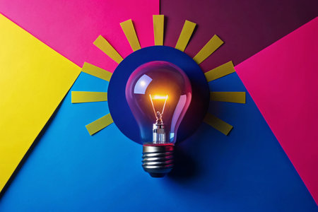 Business creativity and inspiration flat lay with cartoon lightbulbの写真素材