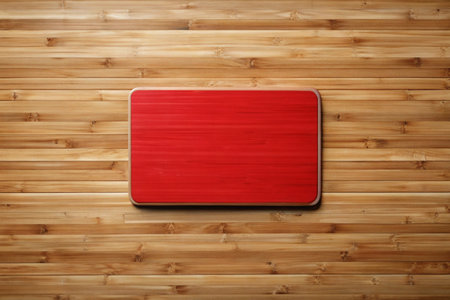 Blank red wooden signboard on bamboo wall, 3d render