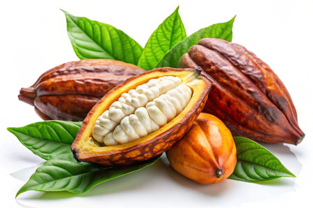 Fresh cocoa fruits with half sliced and green leaf isolated on white backgroundの写真素材