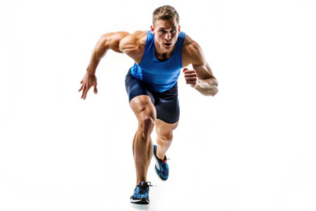 Young male athlete running on white studio background. Half-length portrait