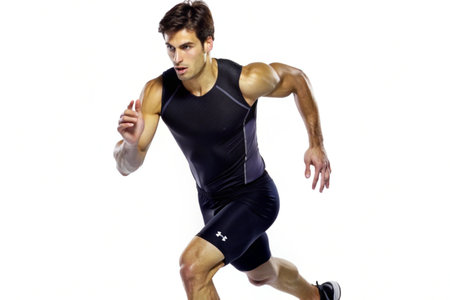 Portrait of male athlete running against white background with copy space in studio