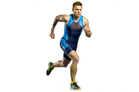Running man isolated on white background. Half-length portrait of male athlete in blue sportswear...