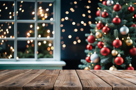 Empty wooden table with Christmas tree and bokeh lights on backgroundの写真素材