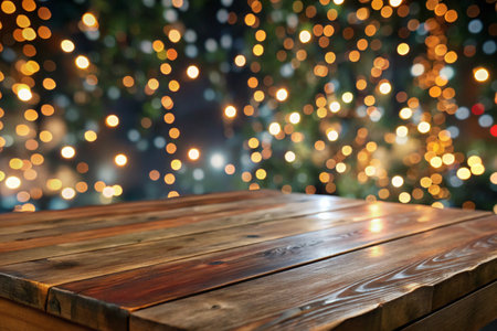 3D wooden table on bokeh lights and stars background