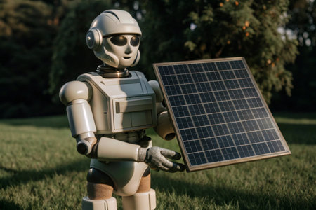 A robot holding a solar panel on a grassy backgroundの写真素材