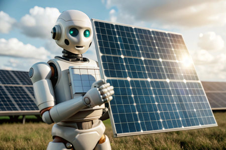 A robot holding a solar panel on a 3d grassy backgroundの写真素材