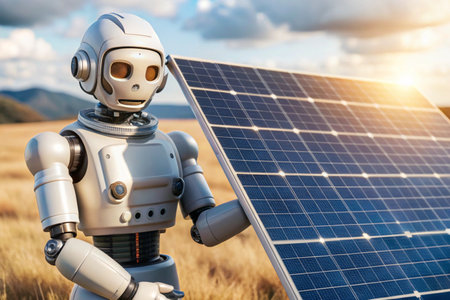 A robot holding a solar panel on a grassy backgroundの写真素材