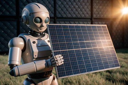 A robot holding a solar panel on a 3d grassy background