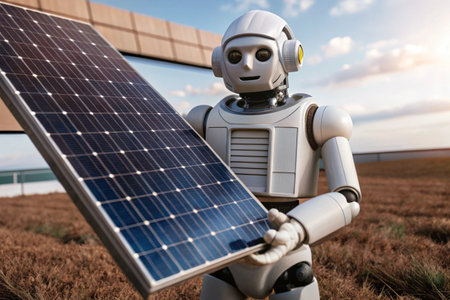 A robot holding a solar panel on a 3d grassy background