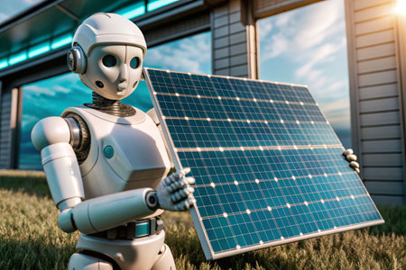A robot holding a solar panel on a 3d grassy backgroundの写真素材