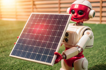 A robot holding a solar panel on a 3d grassy backgroundの写真素材