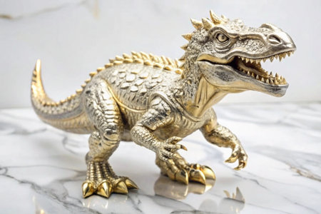 Golden dragon statue on marble background. Decoration element.の写真素材