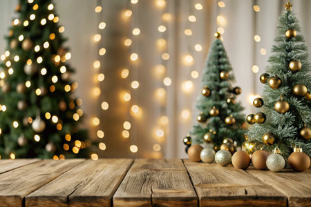 Empty wooden table with Christmas tree and bokeh lights on backgroundの写真素材