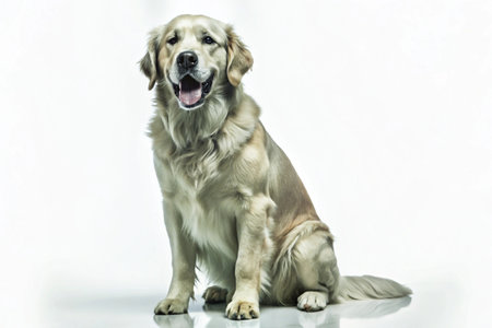 Golden retriever dog sitting and panting isolated on white backgroundの写真素材