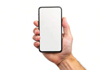 Hand holding blank display phone for mockup for mockup isolated on white backgroundの写真素材