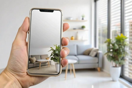 Hand holding blank display phone for mockup isolated on white backgroundの写真素材